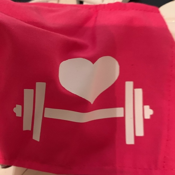 Cute Pink and White Handmade Face Mask with heart and barbell decal NWOT - Picture 2 of 3